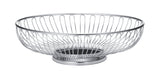 A round, shallow chrome plated fruit basket with an open design and raised base. The wires are evenly spaced in a grid-like pattern, giving this TableCraft chalet basket a modern look. The shiny finish enhances its polished appeal.