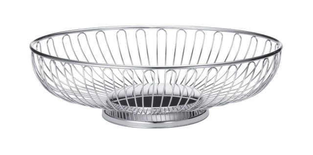 A round, shallow chrome plated fruit basket with an open design and raised base. The wires are evenly spaced in a grid-like pattern, giving this TableCraft chalet basket a modern look. The shiny finish enhances its polished appeal.