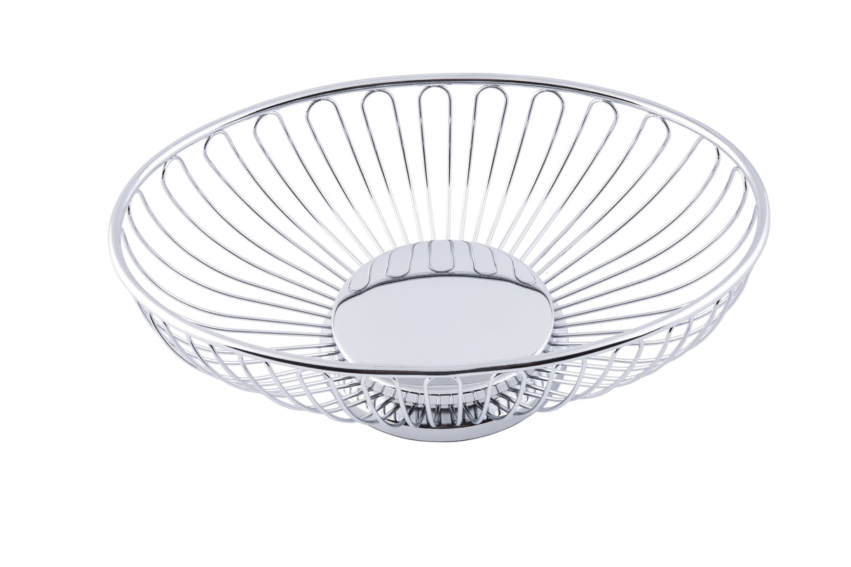 A round, silver chrome plated TableCraft fruit basket with a smooth, circular base. The wires curve upward and outward, creating an open, bowl-shaped chalet basket design against a completely white background.
