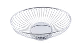 A round, silver chrome plated TableCraft fruit basket with a smooth, circular base. The wires curve upward and outward, creating an open, bowl-shaped chalet basket design against a completely white background.