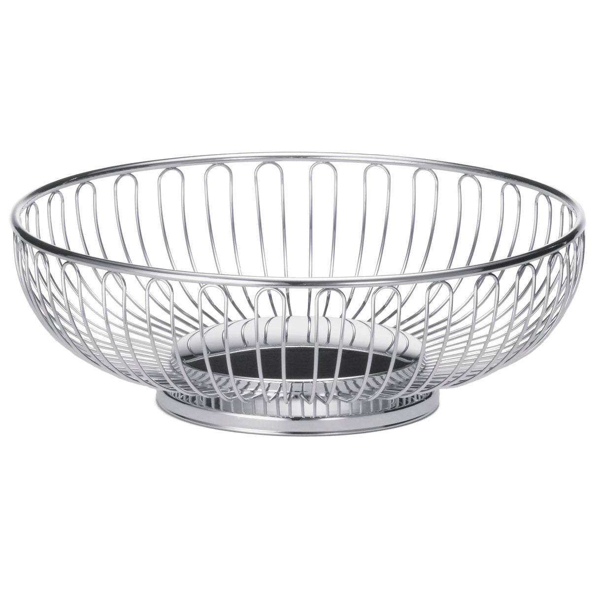 A round, chrome plated TableCraft Chalet Basket with an open, airy design. Featuring a circular base and vertical wires curving outward, this modern, minimalist basket sits empty on a white background.
