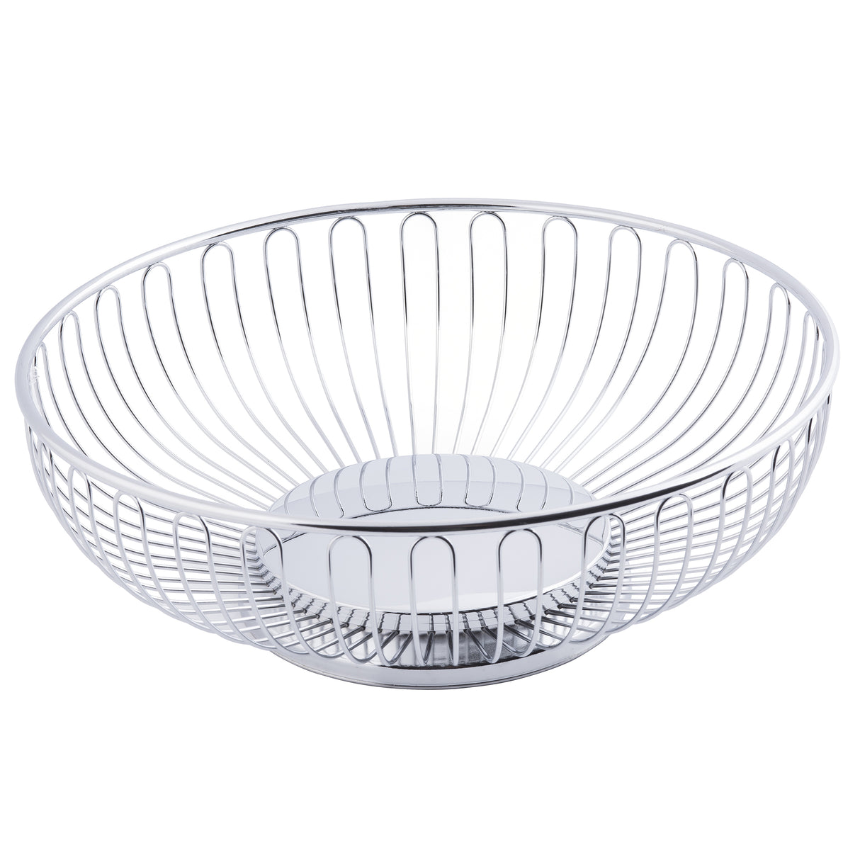A round, chrome plated Chalet Basket by TableCraft features an open design with vertical wires, an elevated base, and a sleek silver finish. The empty basket is set against a white background.