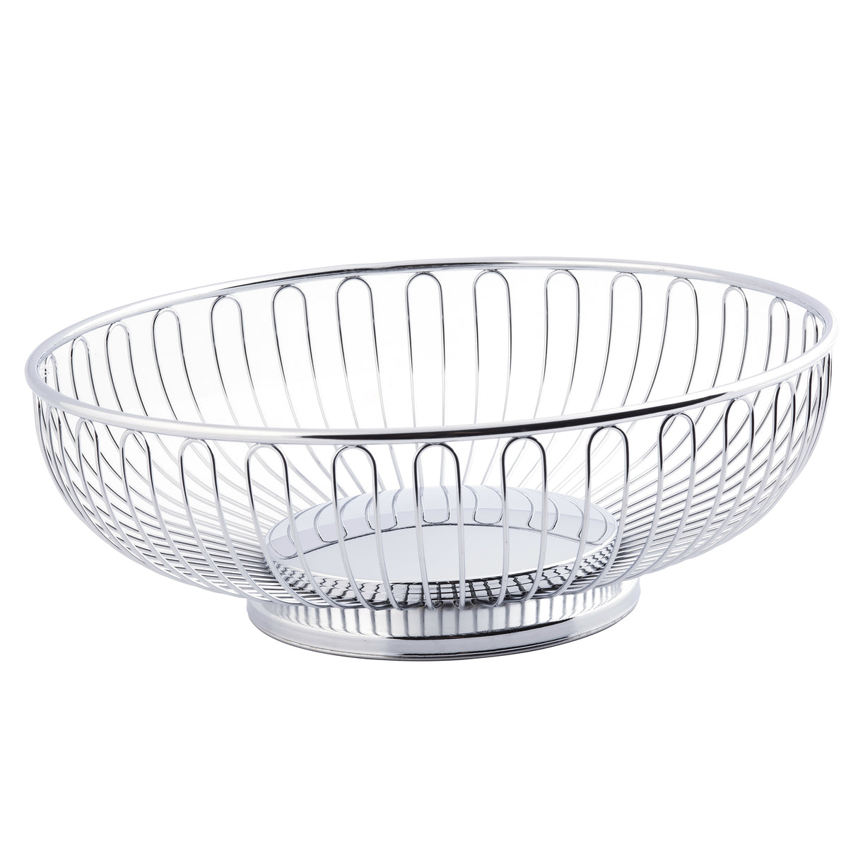 A round, chrome plated Chalet Basket by TableCraft with an open, minimalist design. Vertical metal bars form the sides and a solid circular base. The modern basket is empty and displayed on a white background.