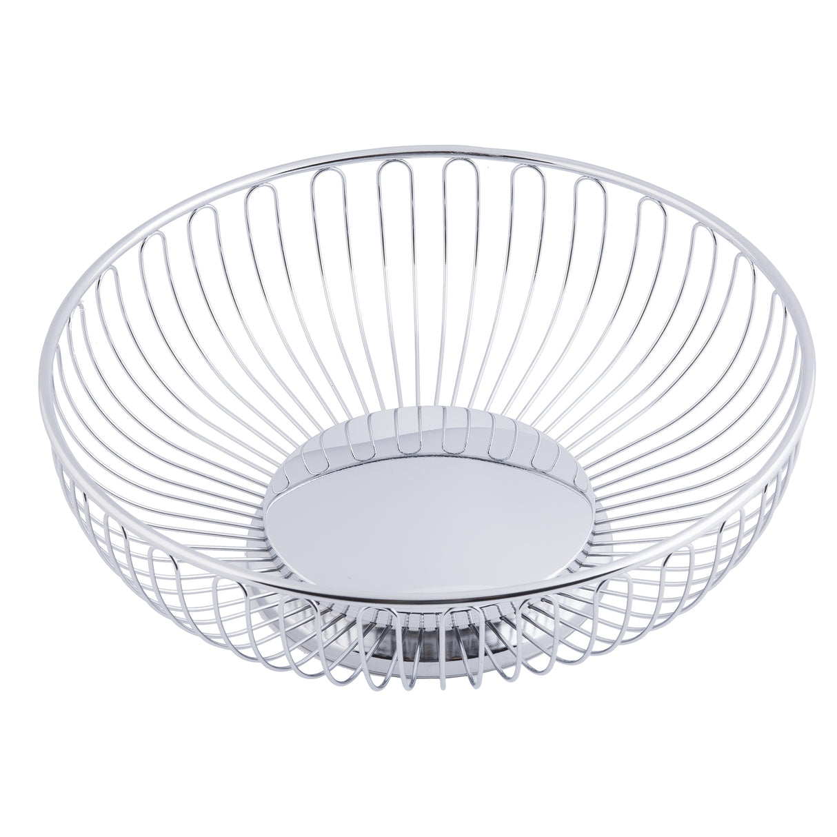 A round, chrome plated Chalet Basket by TableCraft, featuring an open design with evenly spaced vertical wires that curve outward from a solid circular base, creating a simple and modern appearance. The inside is empty.