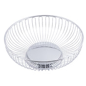 A round, chrome plated Chalet Basket by TableCraft, featuring an open design with evenly spaced vertical wires that curve outward from a solid circular base, creating a simple and modern appearance. The inside is empty.