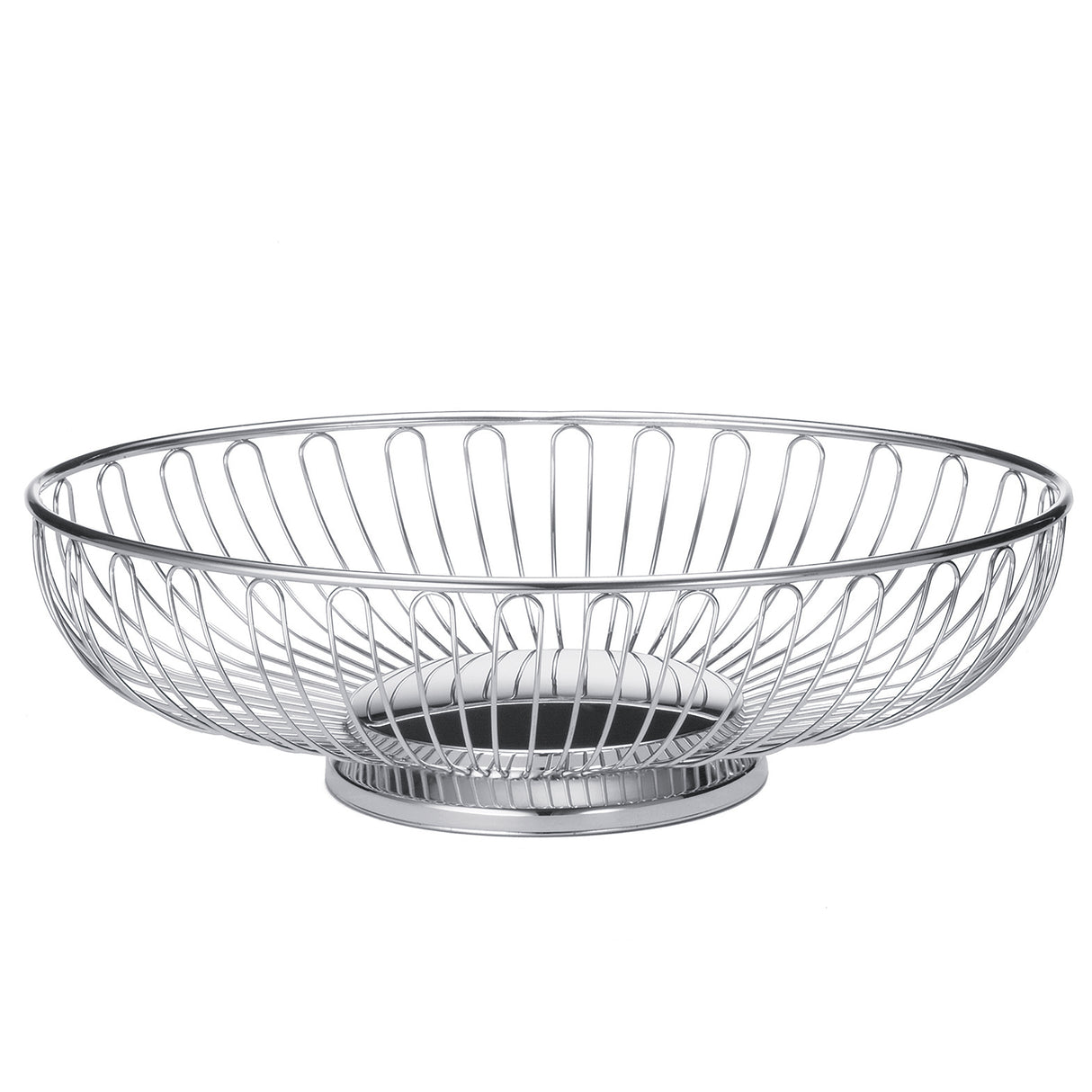 A round, chrome plated Chalet Basket by TableCraft Products sits empty. Its open design features evenly spaced vertical metal rods and a solid circular base, while the metallic finish adds a sleek, modern touch to any setting.