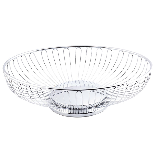 A round, shallow, chrome plated Chalet Basket by TableCraft Products with an open, airy design. Evenly spaced vertical wires curve outward from a solid base, giving this modern fruit basket a minimalist look. The basket is empty.