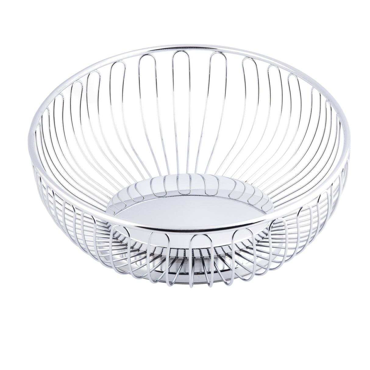 A shiny, round, chrome plated Chalet Basket from TableCraft Products with an open, minimalist design. Evenly spaced vertical wires curve from the solid base to the rim. The empty basket sits on a white background, highlighting its modern style.