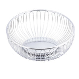 A shiny, round, chrome plated Chalet Basket from TableCraft Products with an open, minimalist design. Evenly spaced vertical wires curve from the solid base to the rim. The empty basket sits on a white background, highlighting its modern style.