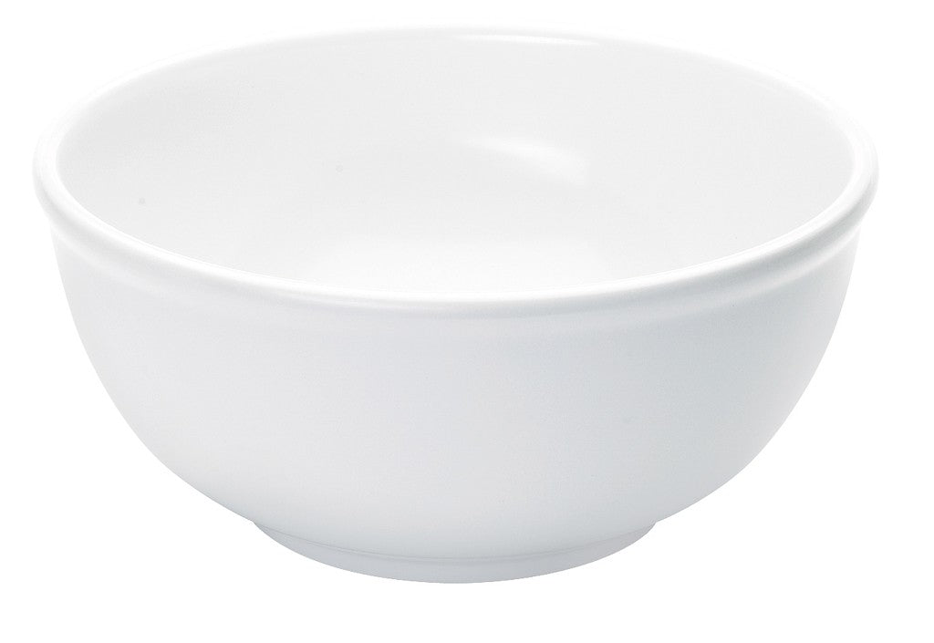 A classic bowl, this plain, round white ceramic piece features smooth sides and a slightly flared rim. Its simple, minimalist design with no decorations makes it perfect for any setting. Empty and BPA free, it sits on a clean white background.