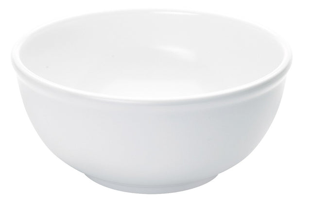A classic bowl, this plain, round white ceramic piece features smooth sides and a slightly flared rim. Its simple, minimalist design with no decorations makes it perfect for any setting. Empty and BPA free, it sits on a clean white background.