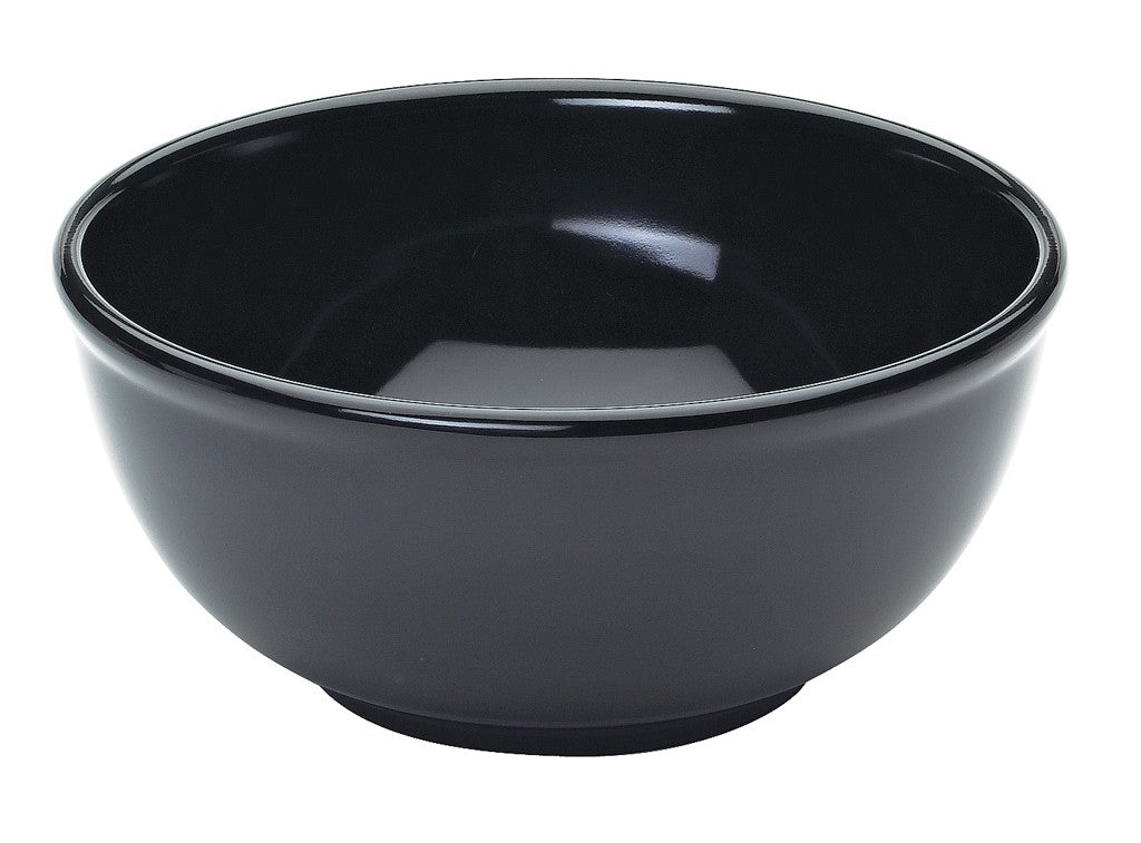 A classic, glossy black melamine bowl with a smooth surface, round shape, and slightly flared rim. This BPA Free bowl is empty and sits on a white background, casting a faint shadow beneath it.