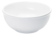 A plain, empty, classic bowl with smooth, rounded sides and a slightly raised base, photographed against a white background. This glossy white ceramic bowl is BPA free and features no decorative patterns or markings.