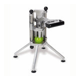 The Deluxe Apple Hacker is a cast aluminum fruit slicer with four angled legs and suction cups supporting a green apple. This 8-slice apple slicer features vertical rods, a central circular blade, and a black handled lever for even slicing.