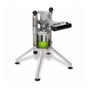 The Deluxe Apple Hacker is a cast aluminum fruit slicer with four angled legs and suction cups supporting a green apple. This 8-slice apple slicer features vertical rods, a central circular blade, and a black handled lever for even slicing.