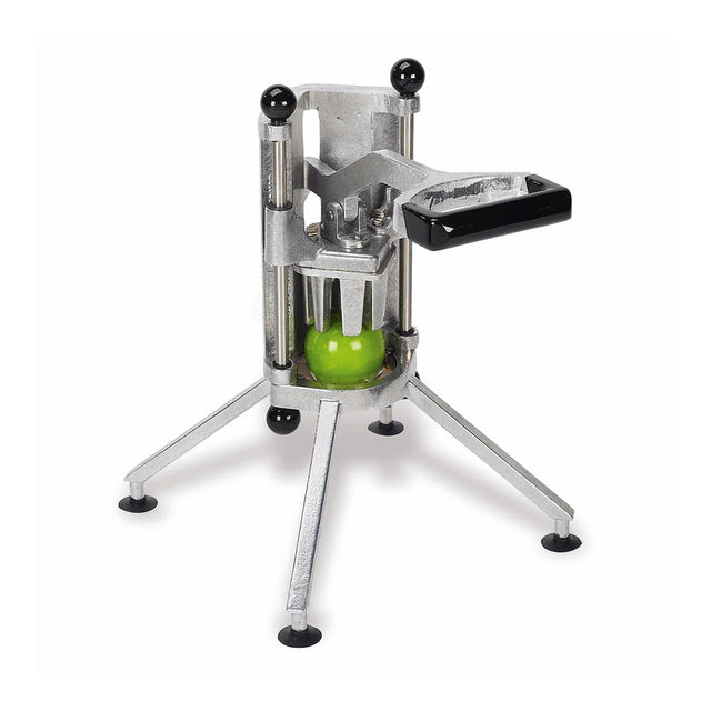 The Deluxe Apple Hacker is a cast aluminum fruit slicer with four angled legs and suction cups supporting a green apple. This 8-slice apple slicer features vertical rods, a central circular blade, and a black handled lever for even slicing.