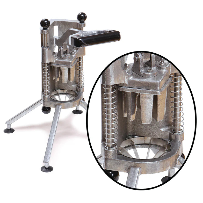 A cast aluminum French fry cutter with three legs and a black handle. The device features vertical springs and a circular cutting grid at the base, resembling an 8-slice apple slicer. An inset shows a close-up of the sharp blades and grid for slicing potatoes.