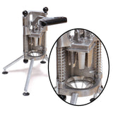 A cast aluminum French fry cutter with three legs and a black handle. The device features vertical springs and a circular cutting grid at the base, resembling an 8-slice apple slicer. An inset shows a close-up of the sharp blades and grid for slicing potatoes.