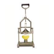 A metal commercial-style wedger stands upright. Like an Onion Blossom Cutter for oversized onions or deep-fried onions, it features a yellow apple beneath sharp, fanned blades and a black-handled lever ready to slice even wedges on its metal platform.