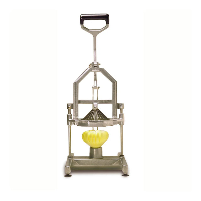 A metal commercial-style wedger stands upright. Like an Onion Blossom Cutter for oversized onions or deep-fried onions, it features a yellow apple beneath sharp, fanned blades and a black-handled lever ready to slice even wedges on its metal platform.