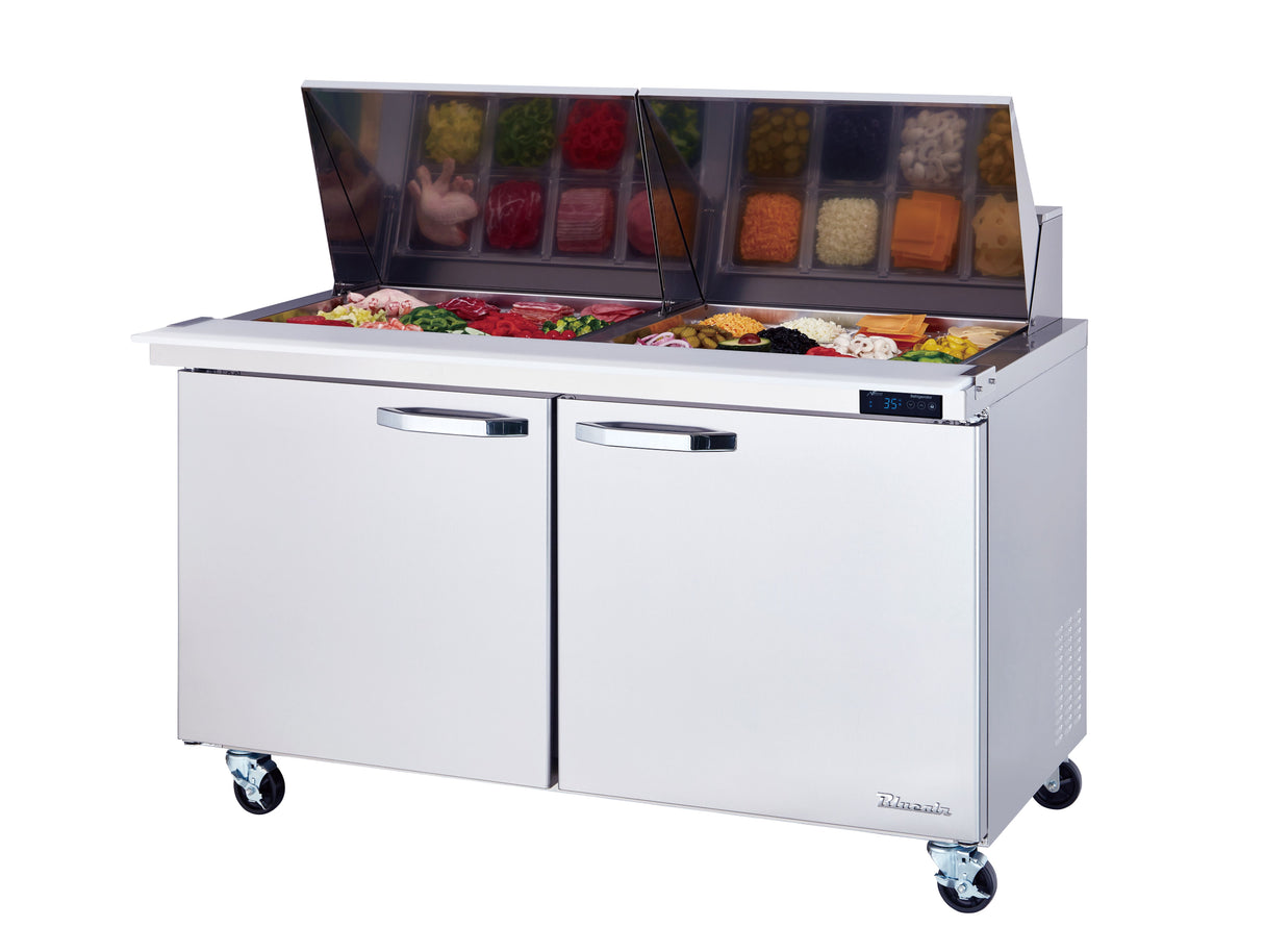 A stainless steel Mega Top Sandwich Prep Table on wheels with two doors and an open top section displaying assorted food ingredients in clear containers, including sliced vegetables, meats, and cheeses—perfect for making sandwiches or salads.