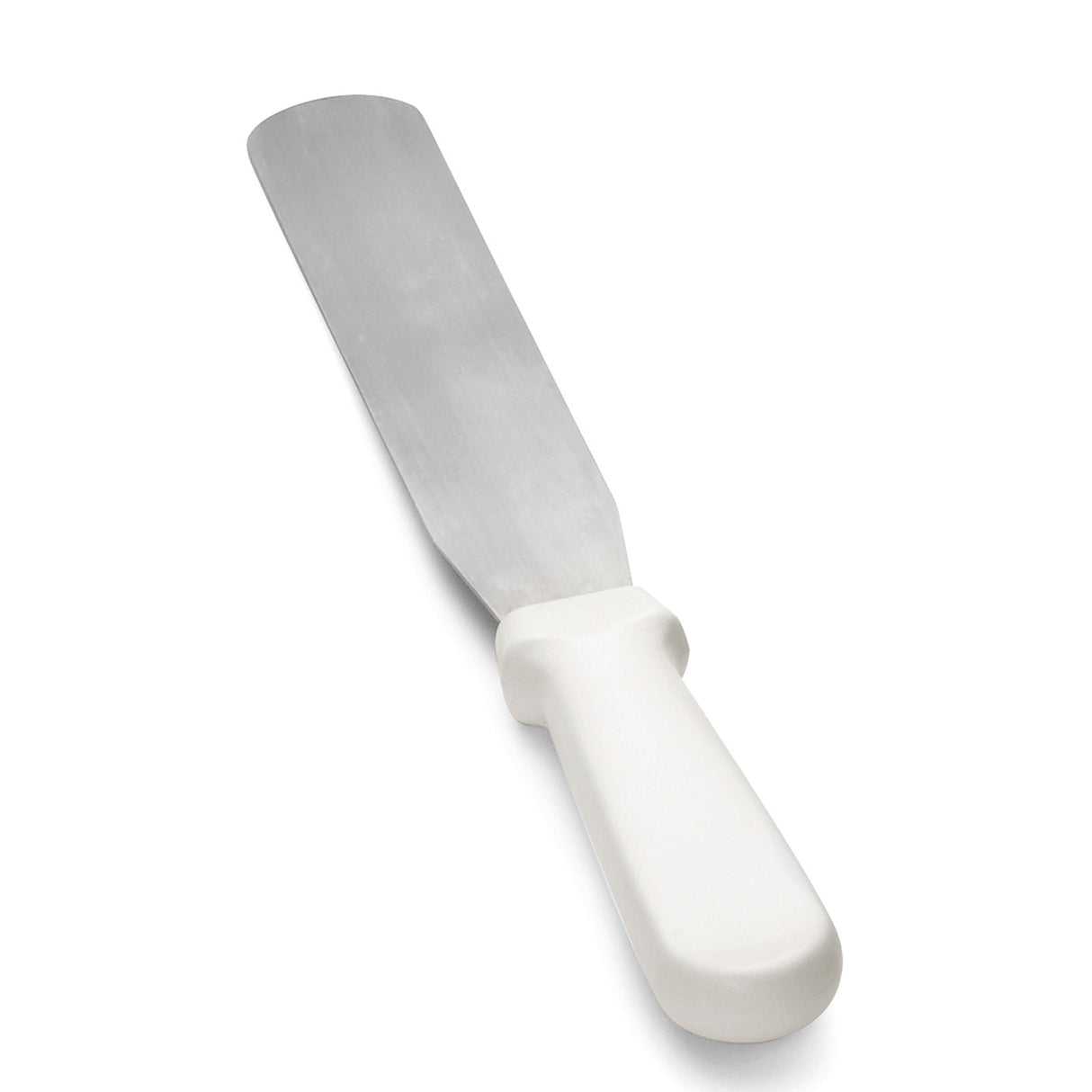 A metal icing spatula with a long, flat, rectangular stainless steel blade and a solid white plastic handle. This dishwasher safe spatula is angled slightly and shown on a plain white background.