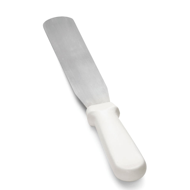 A metal icing spatula with a long, flat, rectangular stainless steel blade and a solid white plastic handle. This dishwasher safe spatula is angled slightly and shown on a plain white background.