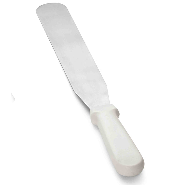 A metal icing spatula with a long, flat, rectangular stainless steel blade and a thick, white plastic handle. Positioned diagonally on a white background, this tool is dishwasher safe and ideal for spreading, lifting, or flipping food.