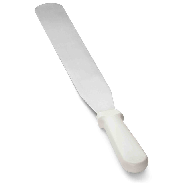 A metal icing spatula with a long, rectangular, flat stainless steel blade and a white plastic handle. The angled blade tapers slightly toward the handle for ease of spreading or lifting. Dishwasher safe and positioned diagonally on a white background.