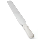 A large icing spatula with a long, flat, rectangular stainless steel blade and a white plastic handle, shown on a white background. The shiny blade tapers slightly, perfect for spreading or smoothing; plus, it's dishwasher safe for easy cleaning.
