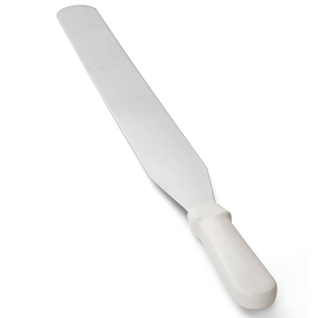A large icing spatula with a long, flat, rectangular stainless steel blade and a white plastic handle, shown on a white background. The shiny blade tapers slightly, perfect for spreading or smoothing; plus, it's dishwasher safe for easy cleaning.