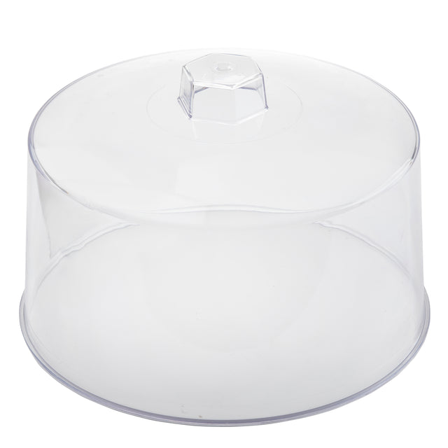 A clear, round, 12 inch plastic cake cover with a flat base and a hexagonal knob on top for lifting. The dome is empty and transparent, offering full visibility while protecting cakes or pastries. Made in USA.