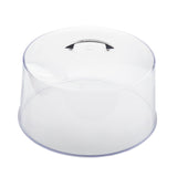 A clear, round plastic cake cover with a 12" dia and a chrome plate handle on top, used for covering and displaying cakes or pastries. The transparent dome allows visibility of contents and features a smooth, slightly glossy surface.