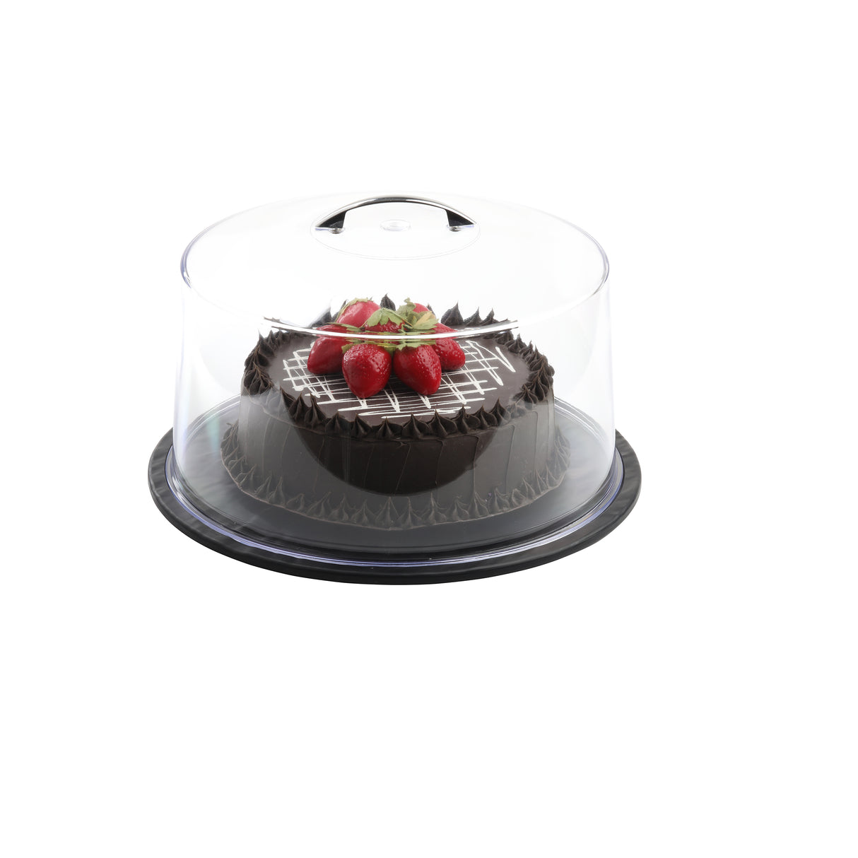 A chocolate cake with chocolate icing and five strawberries on top sits on a black tray, covered by a sturdy cake cover with a clear plastic dome lid. The cake features a white lattice center, piped chocolate edges, and is proudly Made in USA.