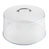 A clear, round plastic cake cover with a flat, circular base and a transparent lid featuring a small, silver handle on top for lifting. The dome is dishwasher safe and sits empty on a plain white background.