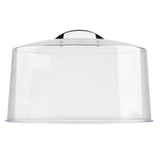 A clear, cylindrical plastic cake cover with a round silver handle on top, shown against a white background. Dishwasher safe and Made in USA, the dome is empty and used for covering and displaying cakes or pastries.