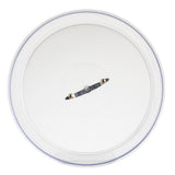 A round white ceiling light fixture viewed from below, with a central metal strip holding two small LED lights. The fixture’s smooth design resembles a cake cover and features a translucent outer edge for a clean, modern look.