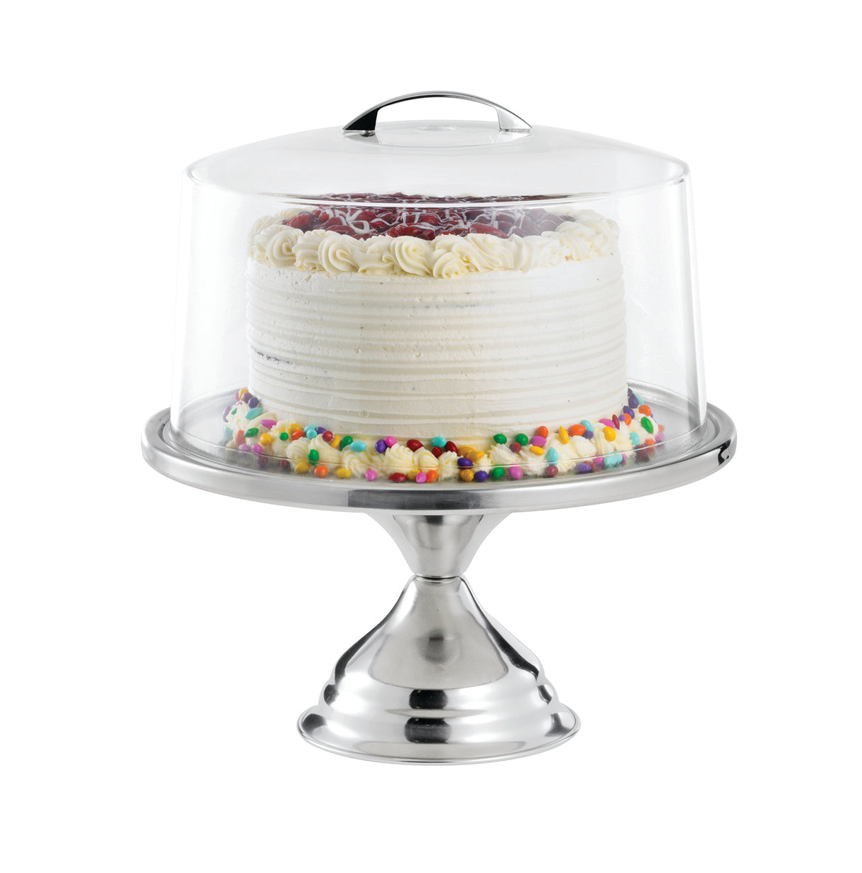 A white frosted cake with piped decorations and colorful sprinkles sits on a silver cake stand, covered by a clear glass dome cake cover with a handle. The dishwasher safe dome is Made in USA and keeps the cake fresh and beautifully displayed.