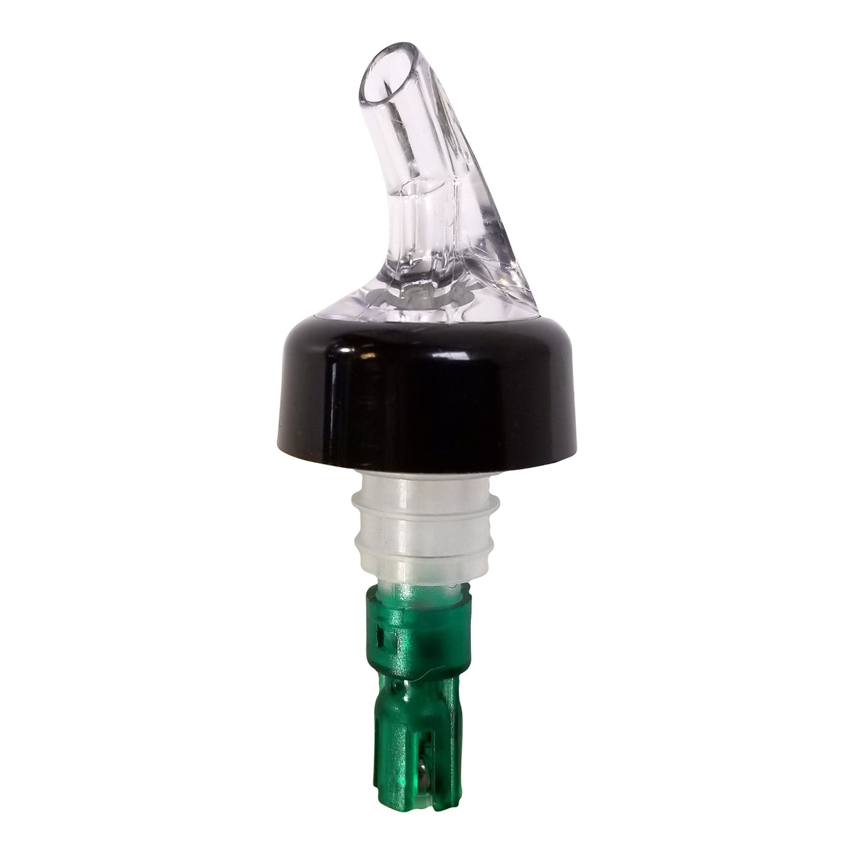 A clear plastic 3/4 oz pourer liquor bottle spout with a black collar, transparent top, ridged clear middle, and green bottom insert. The angled TableCraft spout ensures easy pouring. Background is plain white.