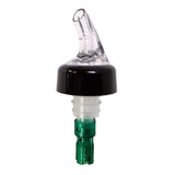 A clear plastic 3/4 oz pourer liquor bottle spout with a black collar, transparent top, ridged clear middle, and green bottom insert. The angled TableCraft spout ensures easy pouring. Background is plain white.