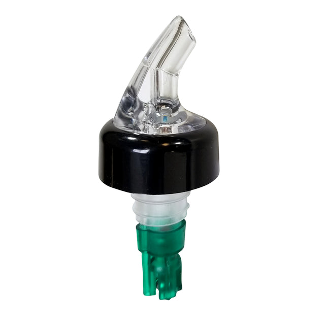 A clear plastic TableCraft Proper Pour liquor bottle pour spout with a black collar and a green 3/4 oz. pour spout insert. The angled spout ensures precise pouring, and the ribbed insert fits securely into the neck of a bottle. Shown against a white background.
