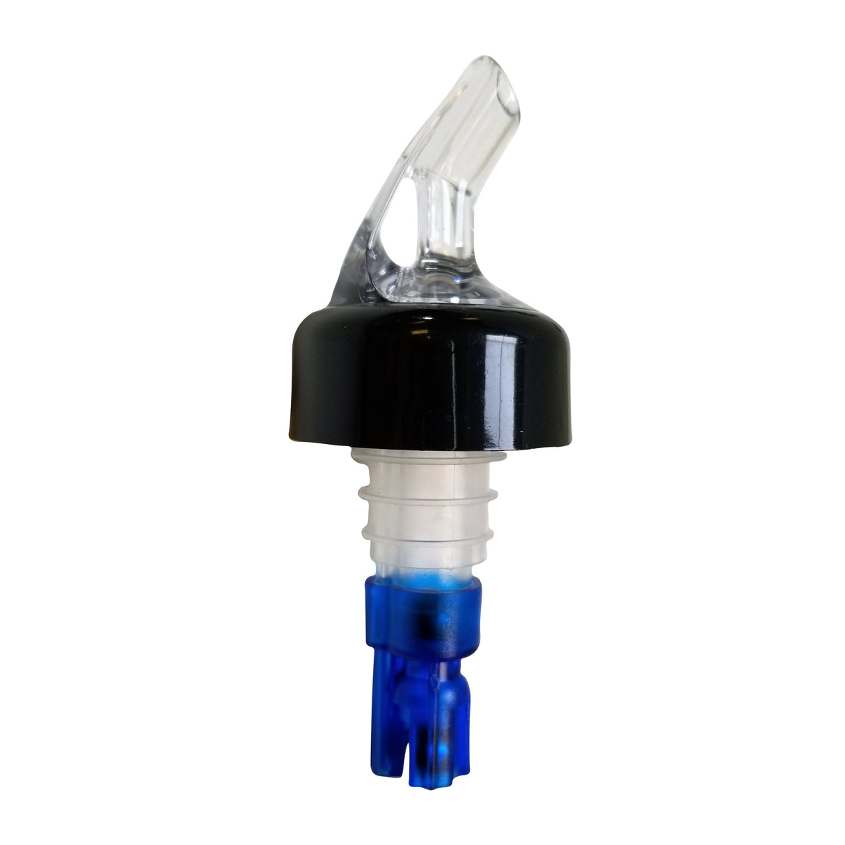 A clear plastic Proper Pour liquor spout by TableCraft with a black collar, ribbed white stopper, and blue base for controlled 7/8 oz pours. The spout is angled upward against a plain white background.