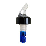 A clear plastic Proper Pour liquor spout by TableCraft with a black collar, ribbed white stopper, and blue base for controlled 7/8 oz pours. The spout is angled upward against a plain white background.