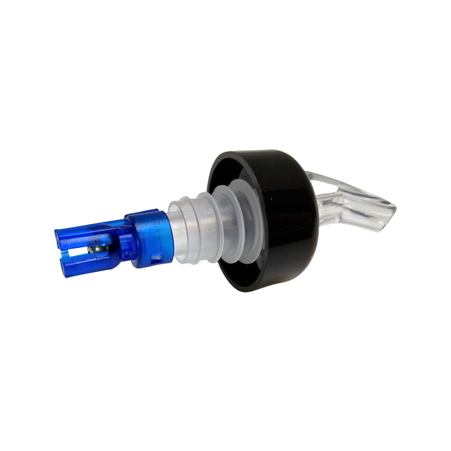 A close-up image of a TableCraft Proper Pour bottle pour spout with a blue 7/8 oz measuring mechanism, clear spout, ribbed translucent silicone stopper, and black collar. The plain white background keeps focus on the pourer.