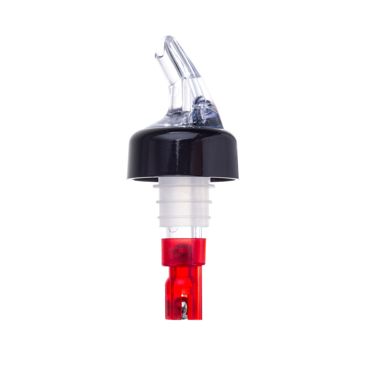 A clear TableCraft liquor bottle pourer with a black cap, transparent spout, and red base stands upright on a white background. This Proper Pour 1 oz. pourer displays its cylindrical shape and controlled liquid dispensing mechanism.
