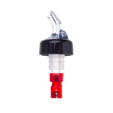 A clear TableCraft liquor bottle pourer with a black cap, transparent spout, and red base stands upright on a white background. This Proper Pour 1 oz. pourer displays its cylindrical shape and controlled liquid dispensing mechanism.