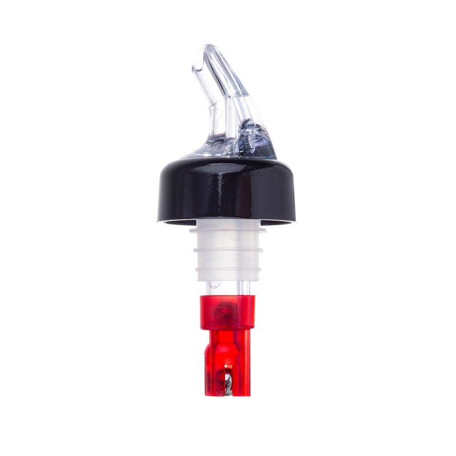 A clear TableCraft liquor bottle pourer with a black cap, transparent spout, and red base stands upright on a white background. This Proper Pour 1 oz. pourer displays its cylindrical shape and controlled liquid dispensing mechanism.