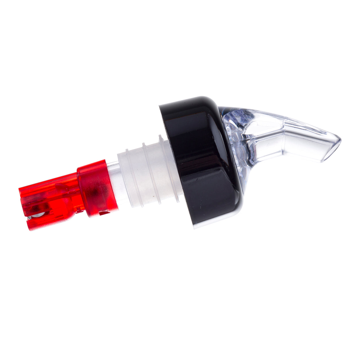 A close-up of a TableCraft Proper Pour 1 oz. pourer shows a plastic liquor bottle spout with a red, transparent stopper, black collar, and clear angled spout for controlled pouring in bar settings. The background is white.