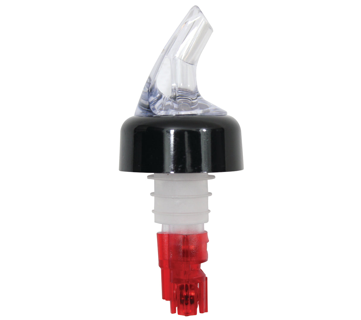 A TableCraft plastic liquor bottle pourer featuring a transparent spout, black collar, and red base. The Proper Pour 1 oz. pourer includes a ribbed stopper for a secure fit and a clear curved spout for precise, controlled pouring.