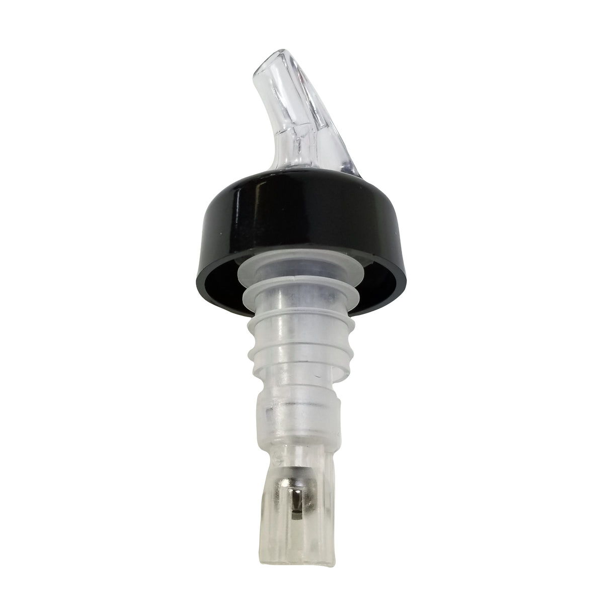A TableCraft Products 1-1/4 oz pourer with a black collar and ribbed insert for secure fit. The angled spout allows for Proper Pour control of liquids. Displayed on a white background.